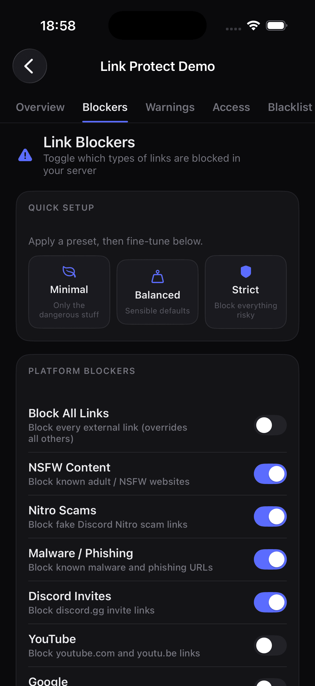 Link blockers configuration in the Link Protect iOS app