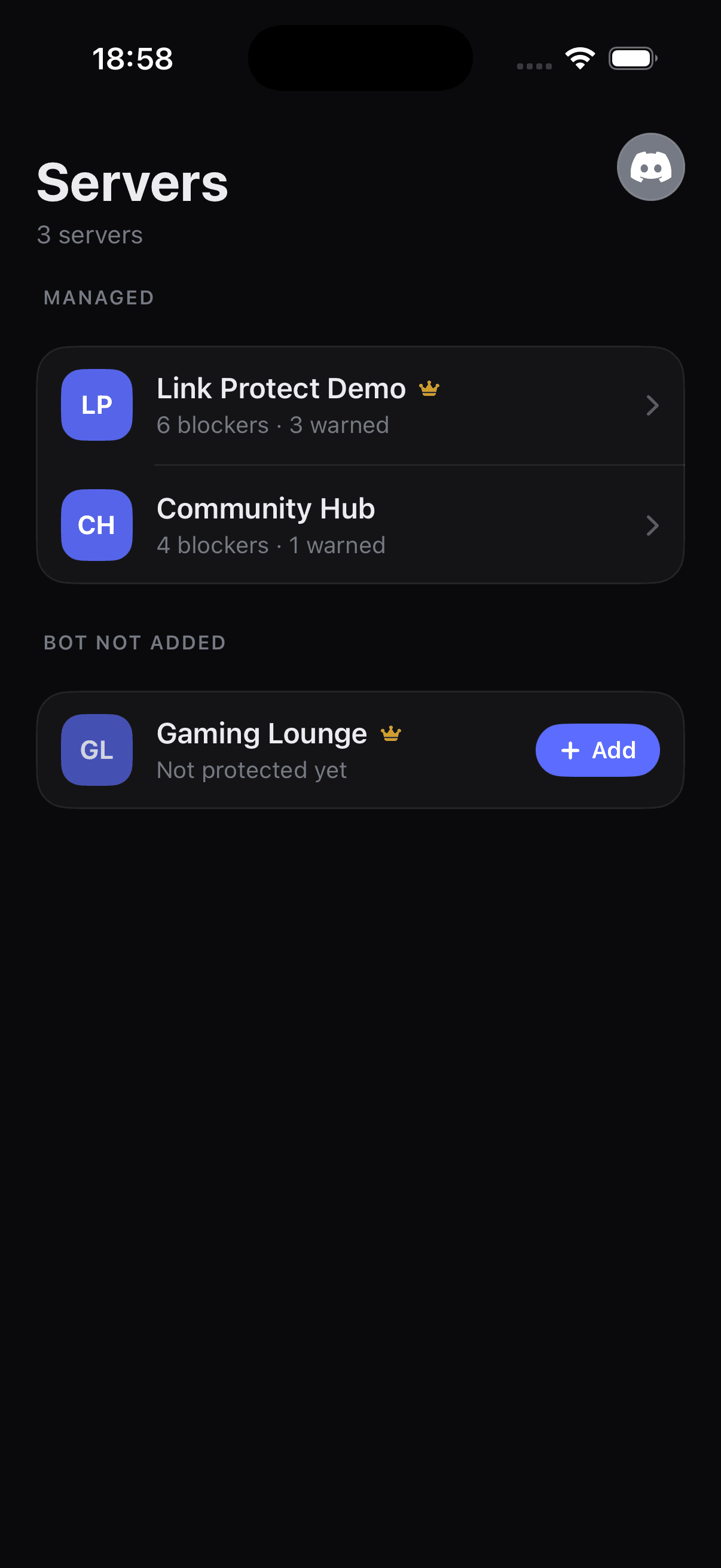 Server list in the Link Protect iOS app