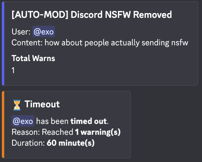 Bot moderation embeds in action